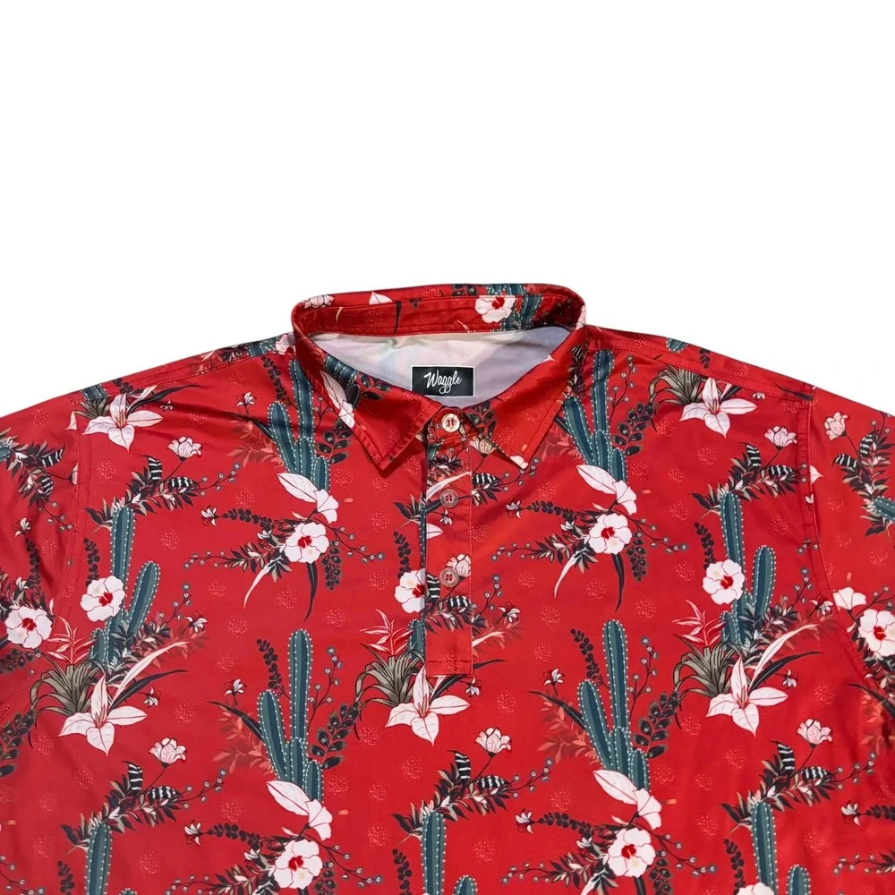 Waggle Mens 2XL Red Cactus‎ Floral Performance Golf Polo Shirt Stretch - Picture 3 of 8